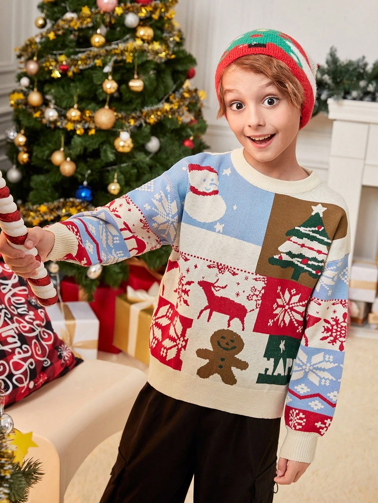 SHEIN Chico preadolescente Jersey con patrón de Navidad de hombros caídos
