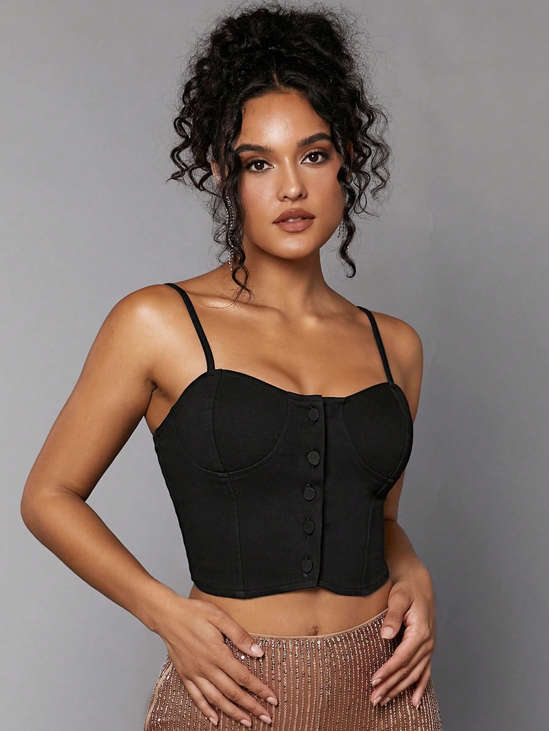 botón delantero bustier Cami Top en mezclilla