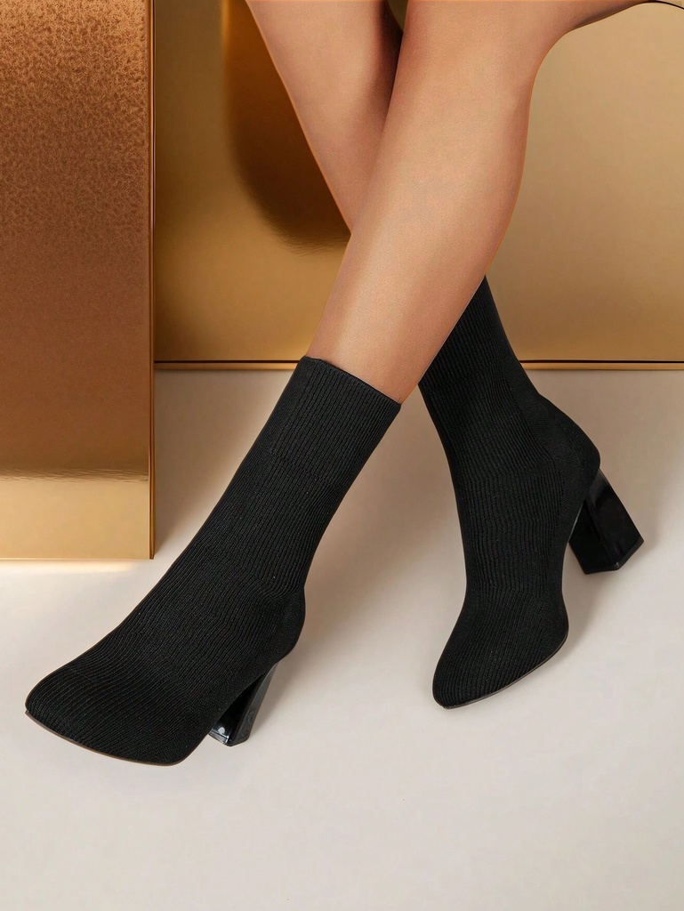 Botas De Invierno Para Mujeres, Botines De Punto Grueso Con Tacón Ancho Y Tela Elástica Para Exteriores. Altura A Media Pierna Con Una Altura De Tacón De 7cm. Botas De Moda Y Elegantes Que Adelgazan Y Vienen En Tamaños Grandes.