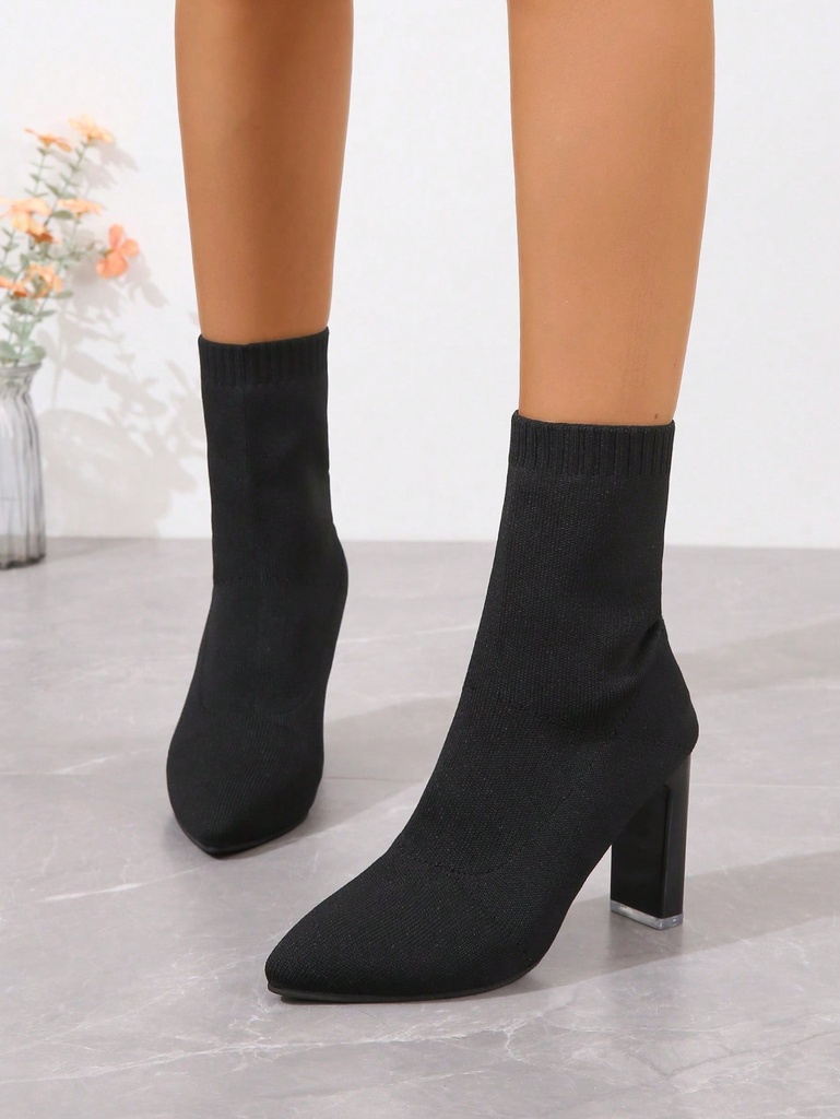 Botas De Tobillo Negras De Moda Para Mujer Con Punta Estrecha Con Tacón Grueso, Elásticas Y Ajustadas / Botas Tipo Calcetín