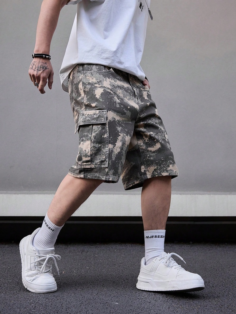 Manfinity EMRG Pantalones Cortos De Mezclilla Casuales Con Estampado De Bolsillo Volteado Para Hombres