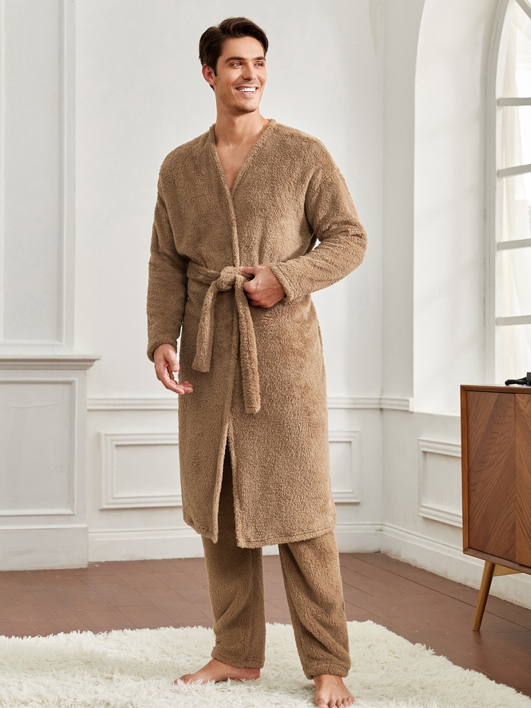 Hombres Bata teddy de hombros caídos con cinturón & Pantalones de dormir