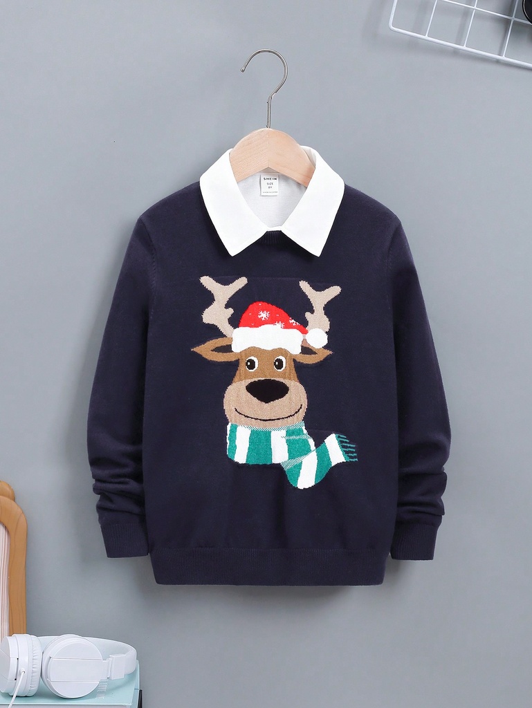 SHEIN Suéter sin camisa con estampado de alces navideños para niño Preadolescente