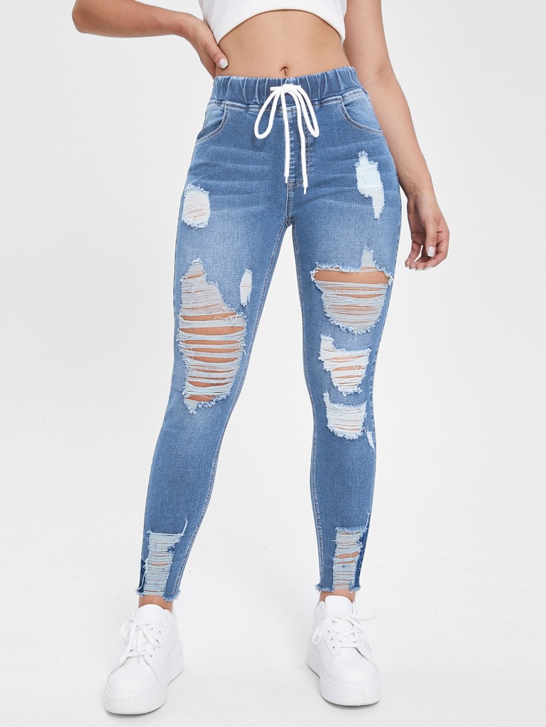 SHEIN Essnce Jeans ajustados con abertura de cintura con cordón desgarro bajo crudo