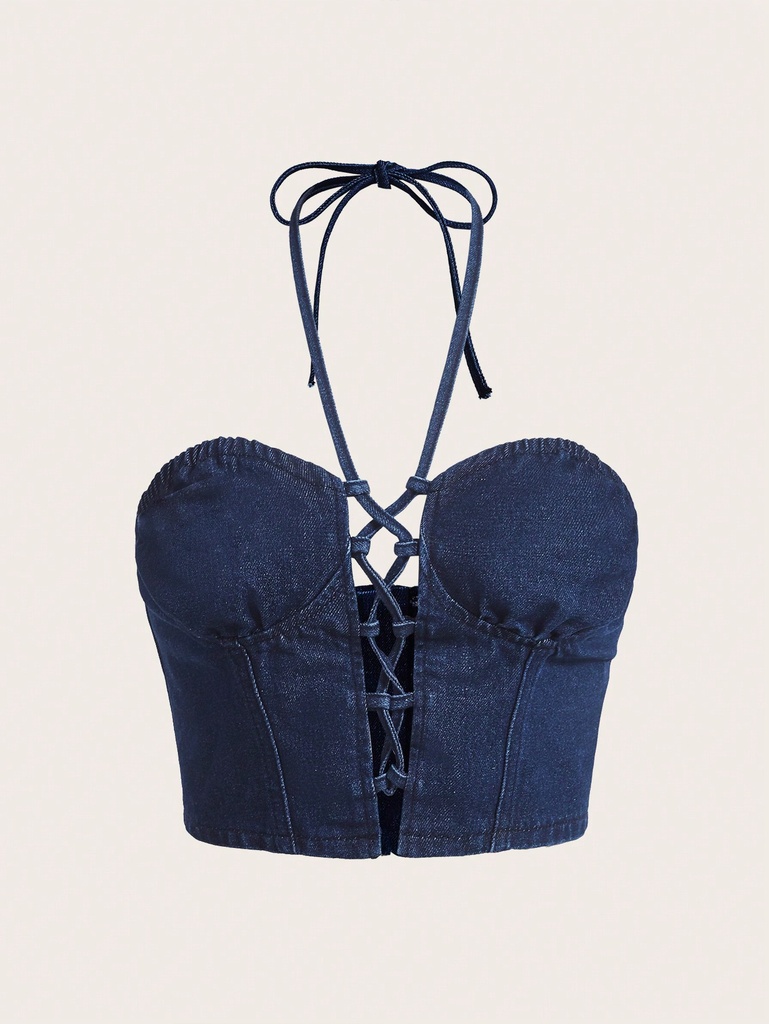 SHEIN MOD Top en mezclilla con tira cruzada de espalda abierta con cordón halter