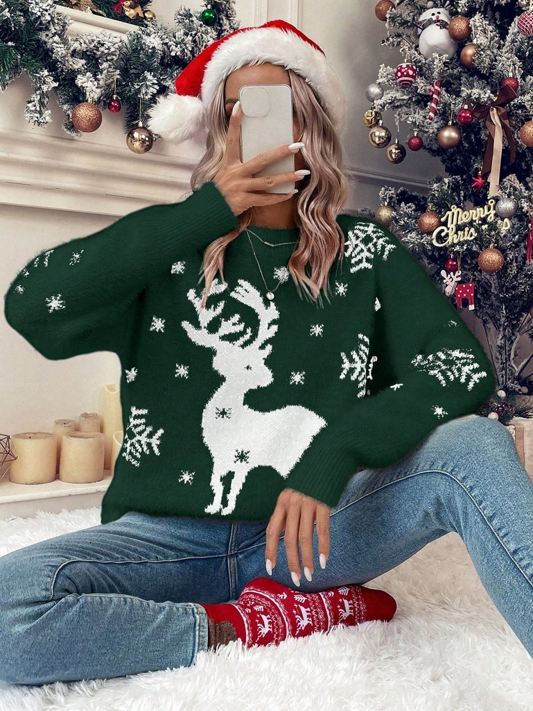 SHEIN LUNE Jersey alce de Navidad & con patrón de copo de nieve de hombros caídos