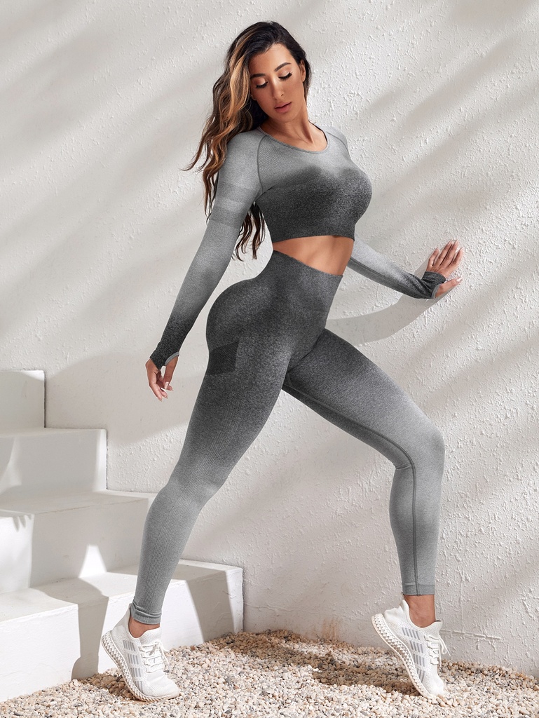 Conjunto deportivo Leggings con top inconsútil de ombré de manga raglán