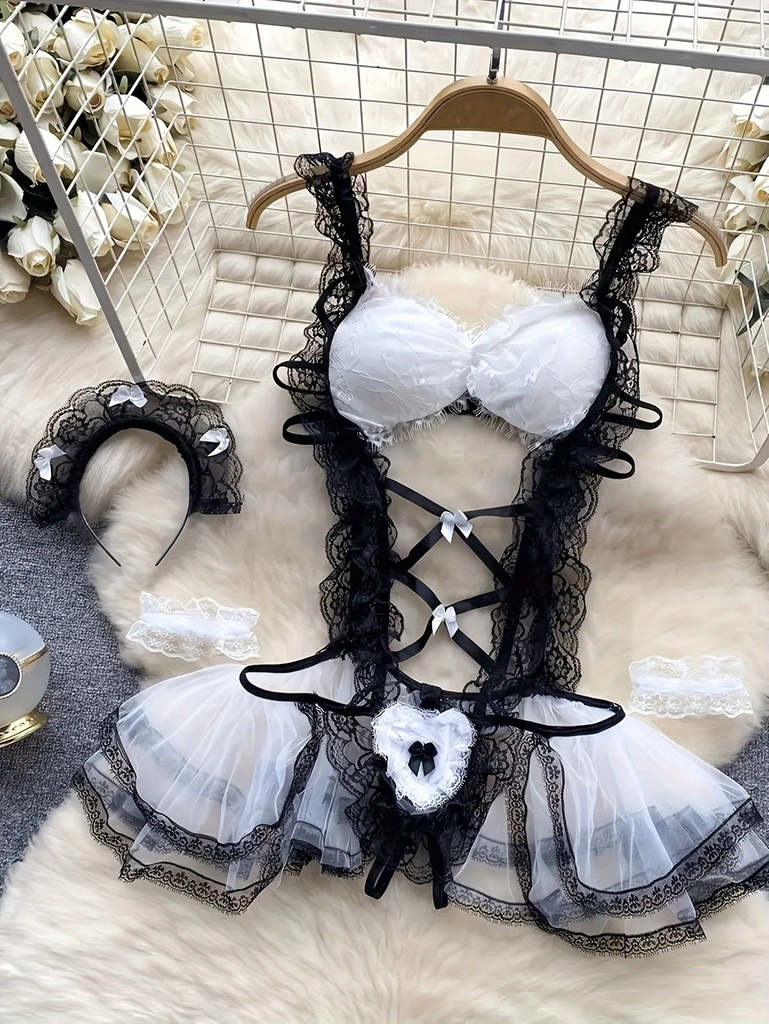 Traje de sirvienta traviesa para role play, body con decoración de encaje y moño, vestido con tirantes, pulsera y tocado, lencería sexy y ropa interior para mujeres