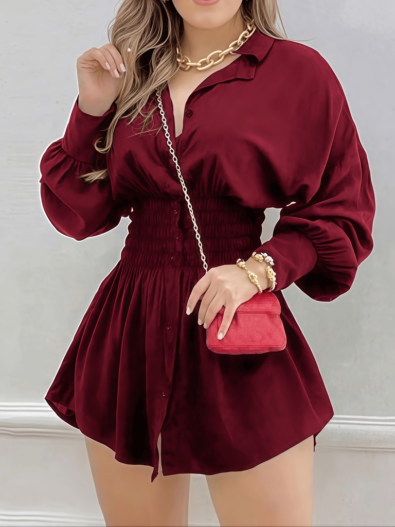 Vestido camisero elegante para mujer, color burdeos, con volantes en la cintura, mangas plisadas, cuello con botones, puños acampanados, tela lavable a máquina, sin estirar, ideal para primavera, verano y otoño, uso casual o semiformal