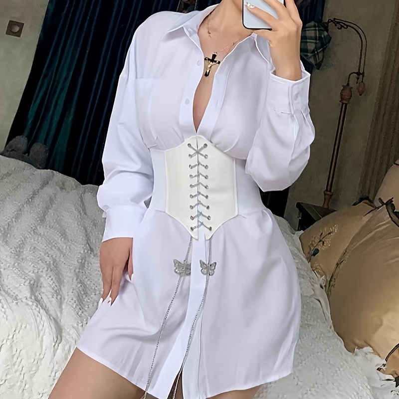 1 unidad Faja para mujeres con estilo corset amplio, cadena con bordado de mariposa, cincher de waist casual estretchable en faux cuero, diseño ajustable con cordones para usar los fines de semana