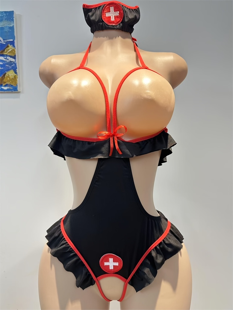 Traje sexy de sirvienta para mujer, corsé negro y rojo con diseño de encaje, corte al frente, dobladillo con volantes y símbolo de cruz roja, ideal para cosplay o fiestas temáticas, atuendo de cosplay, disfraz de sirvienta con detalles de encaje