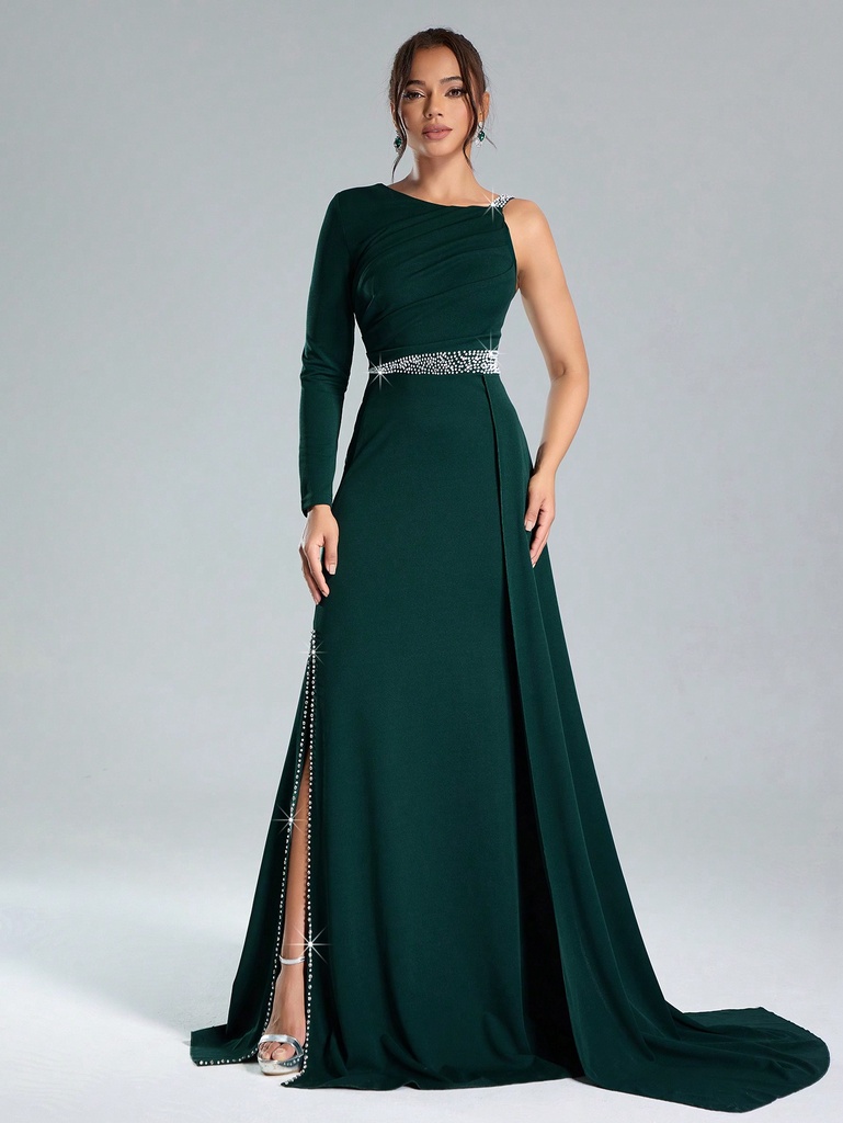 SHEIN Belle Vestido de fiesta ajustado de punto verde elegante con cuentas para mujer, vestido formal de noche de manga larga, para invitados de boda, graduación, cena, Navidad