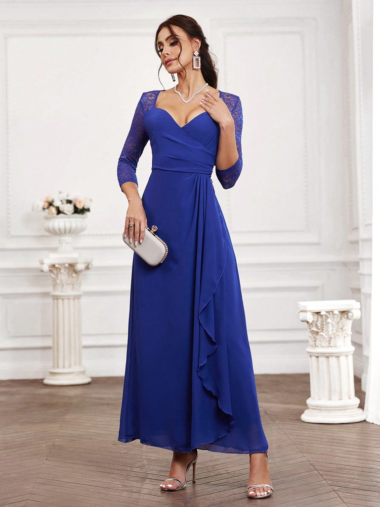 SHEIN Belle Vestido De Corte Circular Con Diseño De Cordones De Encaje, Con Escote De Corazón Y Cintura Ajustada, Adecuado Para Damas De Honor