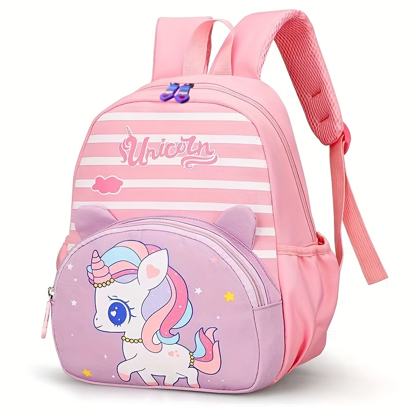 Mochila de dibujos animados linda para preescolar - Ligera, correas ajustables, cierre de cremallera, diseño de unicornio rosa y morado con estrellas y corazones, ideal para niños de 3 a 6 años.