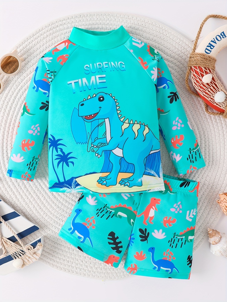 2 piezas de lindo traje de baño con estampado de dinosaurio para niños, conjunto de camiseta de manga larga y bañador, traje de surf elástico, ropa de baño para niños para vacaciones de verano en la playa.