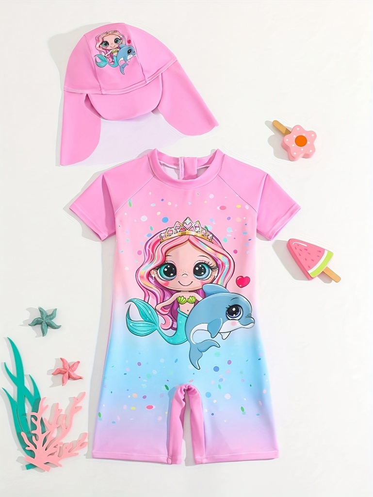 Traje de Baño de Una Pieza con Estampado de Sirena para Niñas y Sombrero a Juego - Diseño de Dibujos Animados, Tejido Elástico, Cierre Frontal con Cremallera & Color Degradé Rosa a Azul para Vacaciones en la Playa o Piscina, Verano