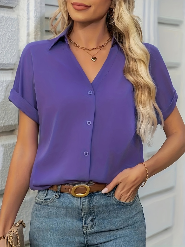 Blusa elegante para mujer, cuello en V, manga corta, color morado sólido, lavable a máquina y en seco, casual y formal para primavera/verano, diseño en V, textura suave