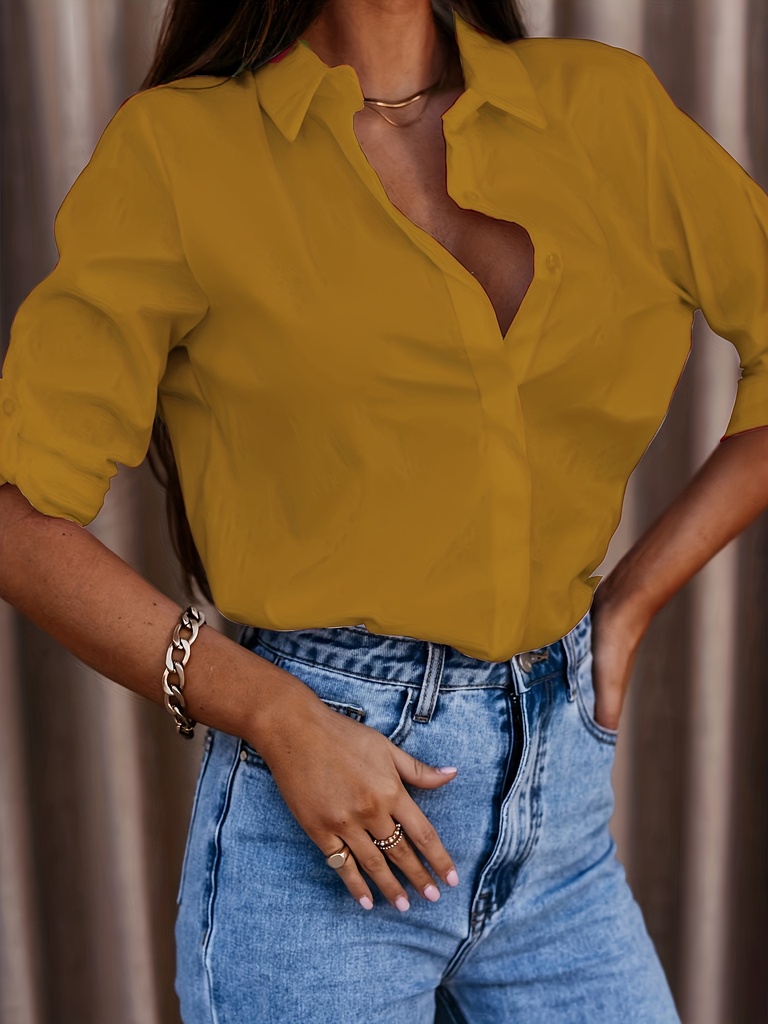 Camisa Elegante de Manga Larga para Mujer - Beige Sólido, Poliéster, Lavable a Máquina, Blusa con Cuello Versátil para Todas las Estaciones, Ideal para Uso Casual o de Oficina, Blusas de Damas