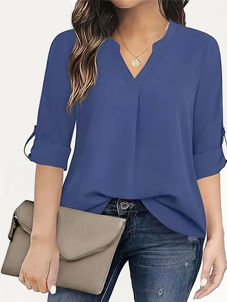 Blusa para mujer de manga larga, cuello en v, lisa, casual