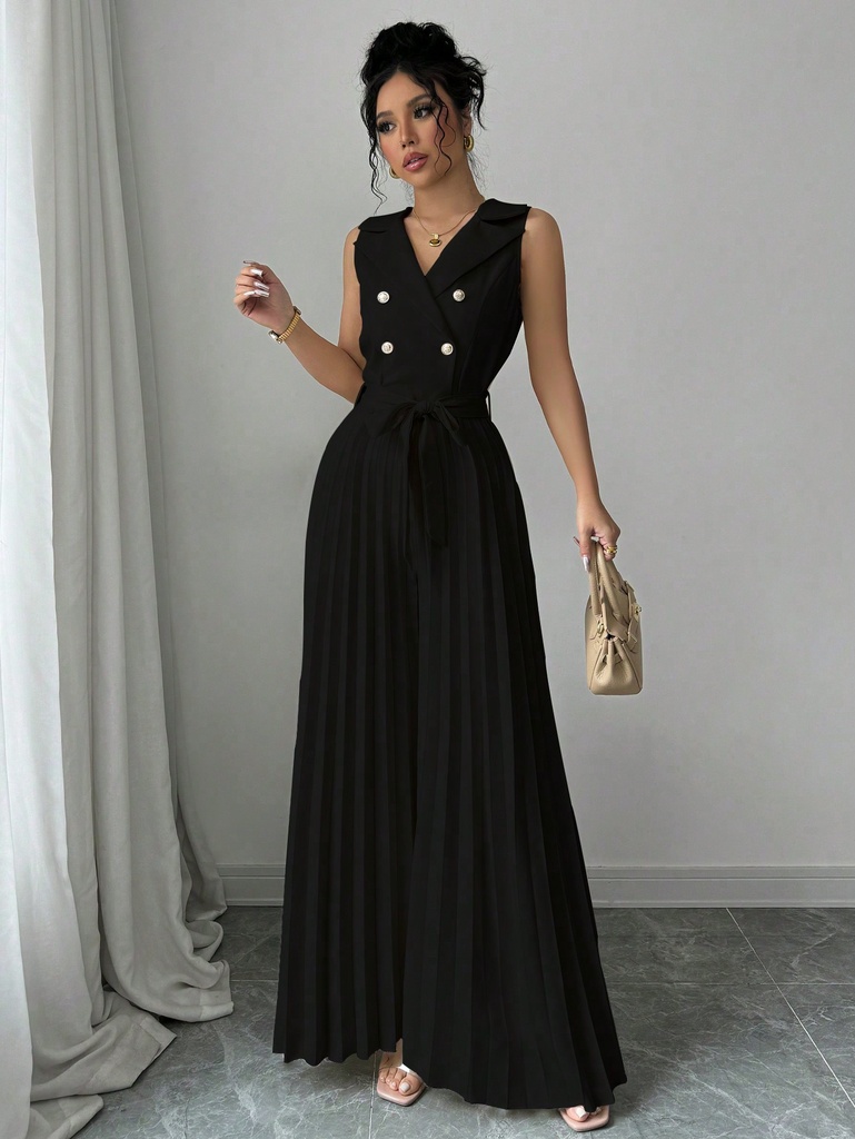 Elenzga Mono plisado de doble botonadura elegante color albaricoque para mujer, adecuado para primavera y otoño