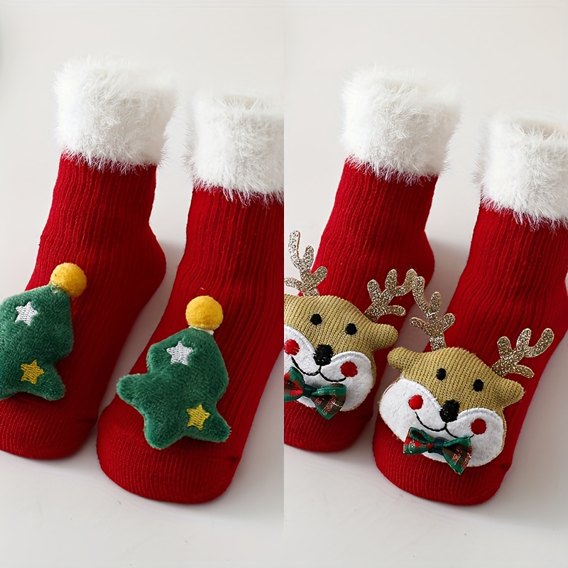 2 pares, calcetines para bebé, calcetines hasta la pantorrilla, otoño e invierno, medias navideñas para niños y niñas, niños medianos y grandes, calcetines altos, doble tejido para niños, Calcetines de Invierno,Calcetines de Vacaciones,Tema Navideño,Calcetines Cálidos,Lavado a mano únicamente,Tela