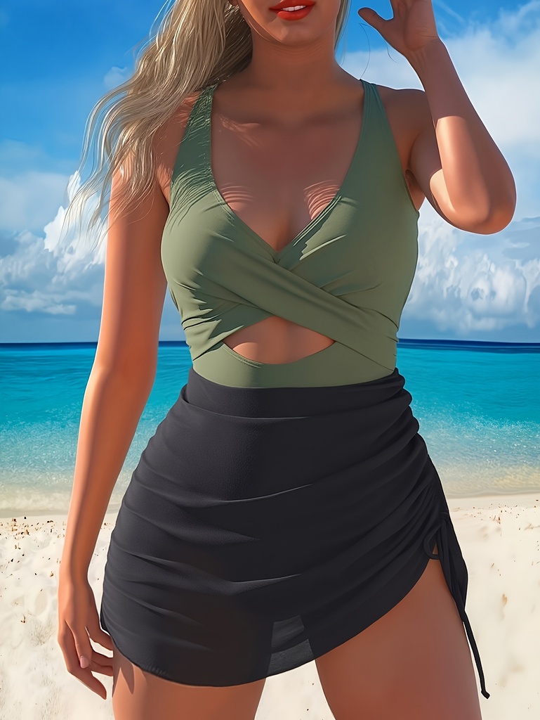 Traje de Baño Sexy para Mujer con Diseño Moderno y Bloques de Color, Malla Calada y Cordón Ajustable, Conjunto de Yoga, Top Halter, Bikini, Traje de Baño Elegante para Fiesta, Ropa de Baño para Mujer, Trajes de Baño de Alta Calidad para Mujer, Traje de Baño Sólido de Moda para Mujer