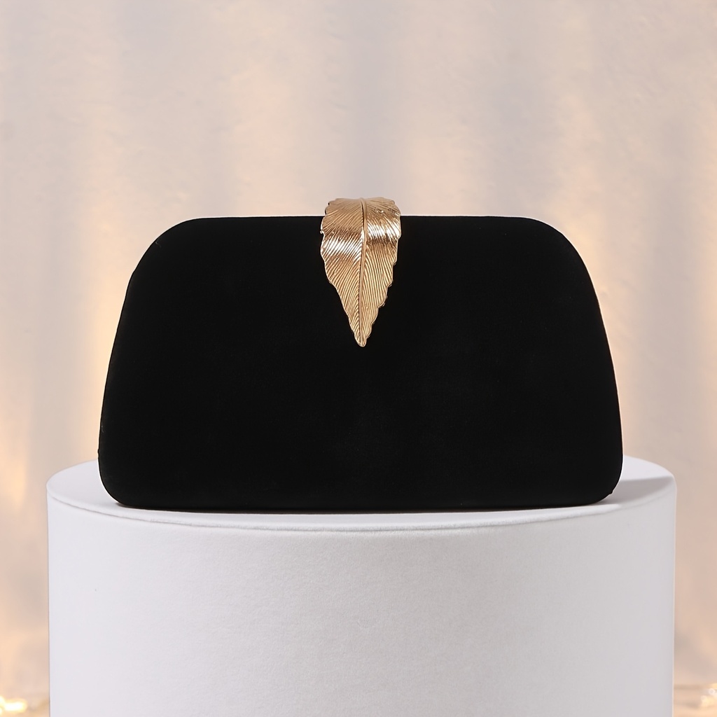 Bolso de mano de mujer con diseño de hoja de lujo - Textura de terciopelo, bolso de noche negro con cierre seguro, forro de poliéster, correa extraíble para bodas, fiestas y eventos formales, accesorio de boda, diseño sofisticado, artesanía intrincada