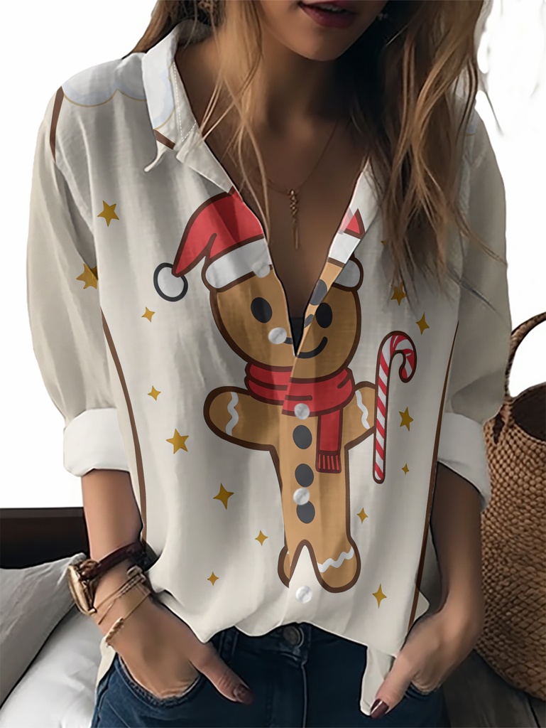 Blusa de Navidad para Mujer con Estampado de Pan de Jengibre para Hombre - Camisa de Manga Larga con Botones y Pan de Jengibre para Hombre y Varitas de Jengibre, Diseño Vibrante y Festivo, Top Casual Holgado para Fiestas Navideñas, Camisas de Navidad