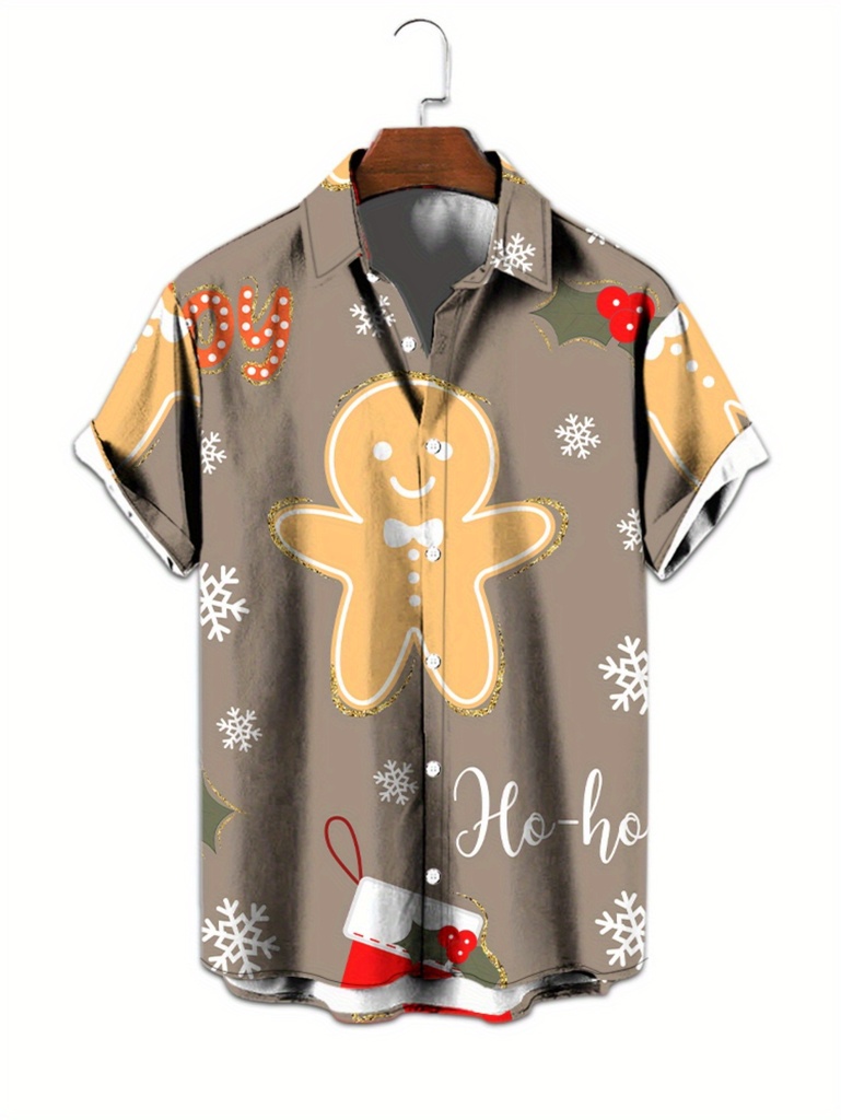 Camisa de Manga Corta para Hombre con Estampado de Galletas y Bastones Navideños - Blusa Casual Veraniega Con Cuello Y Botones, Lavable a Mancha Ropa, Atuendo Festivo Regalo Feo Suéter (Marrón/Beige)