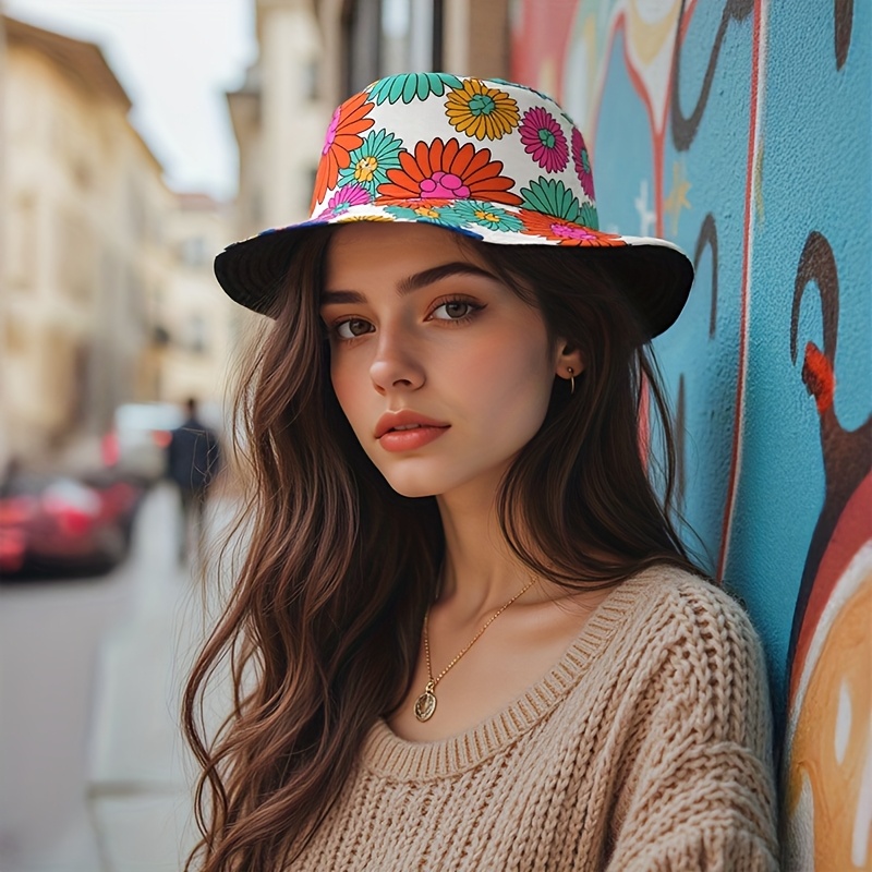 1 sombrero de cubo con estampado de girasol vibrante - Ligero, ajuste elástico, protección solar para todas las estaciones para adolescentes, hombres y mujeres, material de poliéster, lavable a mano, ideal para actividades al aire libre y ropa casual, accesorios para exteriores | Sombrero de cubo vibrante | Sombrero de poliéster