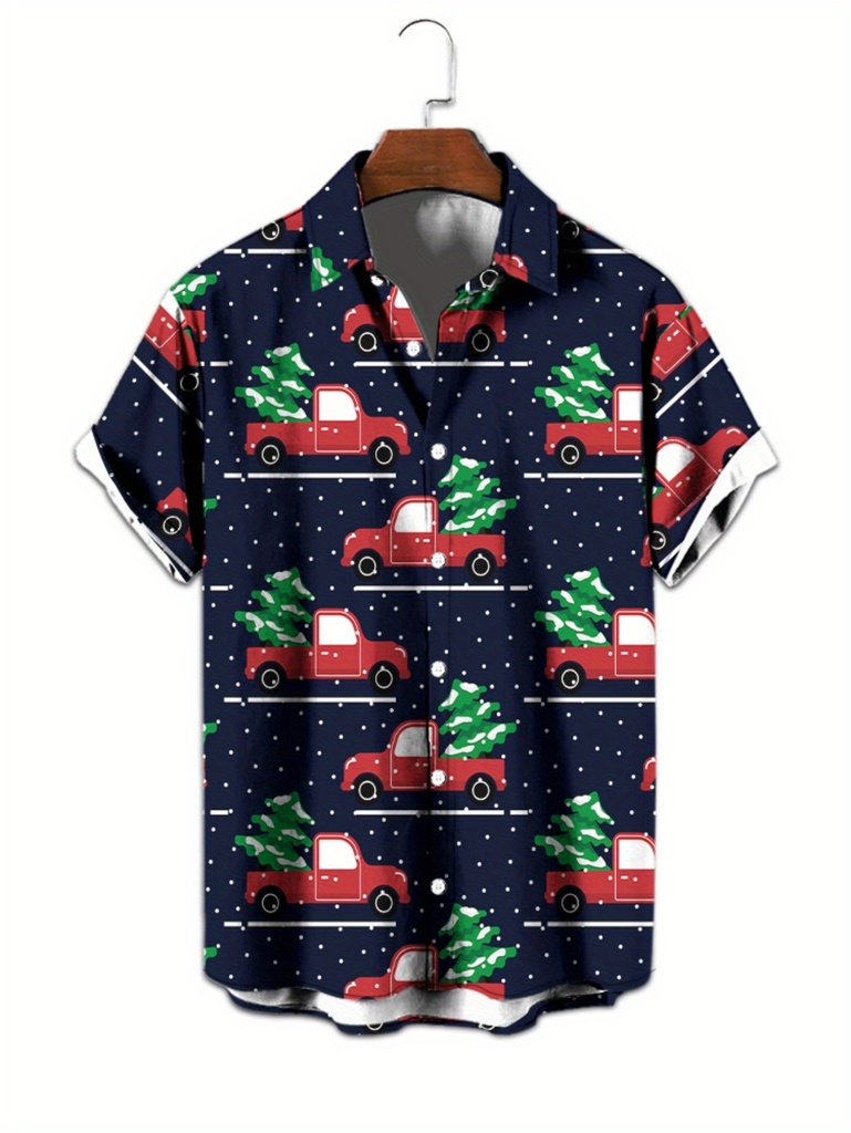 Camisa de manga corta para hombre con estampado de camión navideño - Diseño festivo rojo y verde para las fiestas, cuello abotonado, ropa casual de verano para vacaciones en la playa, citas y regalos de Navidad, camisa de Navidad, ropa de vacaciones, diseño divertido, tela sin elasticidad