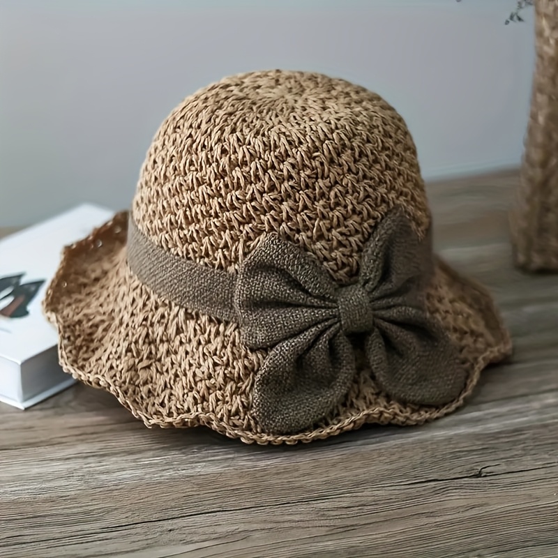 Sombrero de paja para mujer con moño de listón marrón, gorra tipo balde elegante para playa, verano y actividades al aire libre, sombrero casual de playa, sombrero de sol con textura
