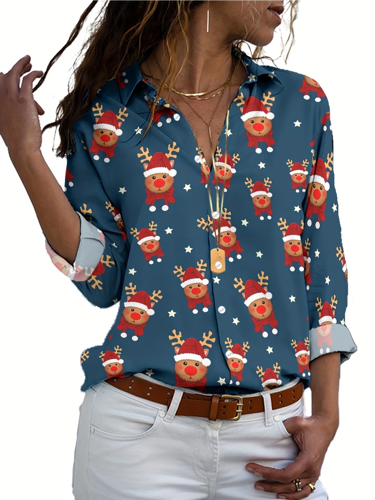 Chaqueta de Mujer con Estampado Navideño en Azul Turquesa: Renos y Copos - Blusa Tipo Camisa Abotonada, Cuello Clásico Con Antenas Rojas/Verdes De Rey, Flores Nieve Brancas Y Campanas Doradas. Lavable a Maquina para Fiestas Informales e Invierno