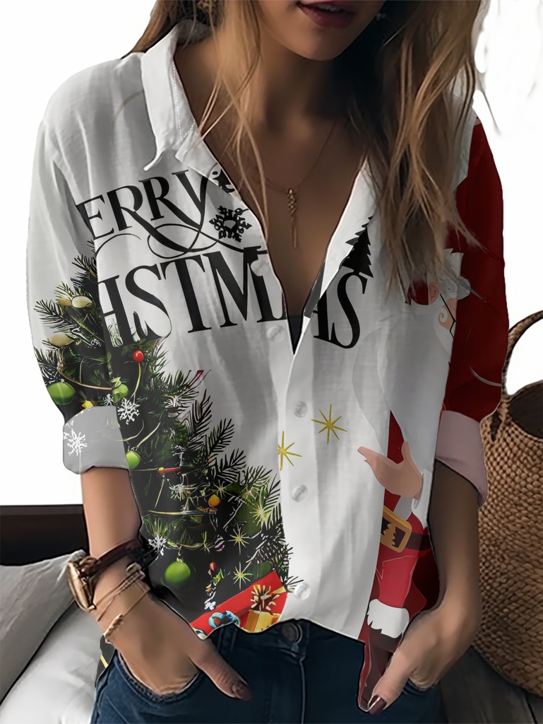 Blusa de Manga Larga con Cuello Navideño para Mujer - Estampado de Santa y Árbol, Camisa con Botones, Top de Poliéster Lavable a Máquina para Fiestas Navideñas, Outfits de Invierno y Uso Casual