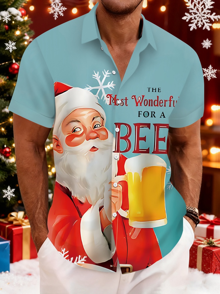 Camiseta de Manga Corta para Hombre con Estampado Completo de Santa Claus y Cerveza - Cuello Holgado, Diseño 3D de Cerveza en Todo el Cuerpo, 100% Poliéster, Atuendo Casual para Fiestas y Vacaciones, Regalo Original para Navidad y Uso Diario