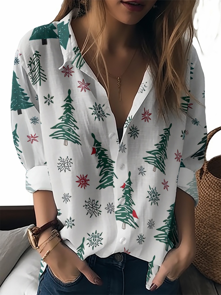 Blusa de Cuello con Botones para Mujer - Estampado de Copos de Nieve y Pinos, Ligera de Poliéster, Lavable a Máquina, Ropa Casual de Primavera/Otoño para Navidad y Outfits Diarios