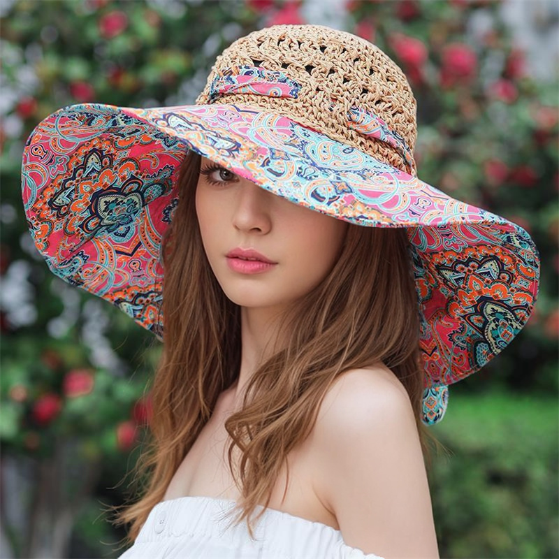 Sombrero de paja étnico para mujer, primavera/verano, ala ancha, diseño vibrante, ligero y plegable, ideal para playa y actividades al aire libre, accesorios de playa | Sombrero con diseño vibrante | Sombrero ligero