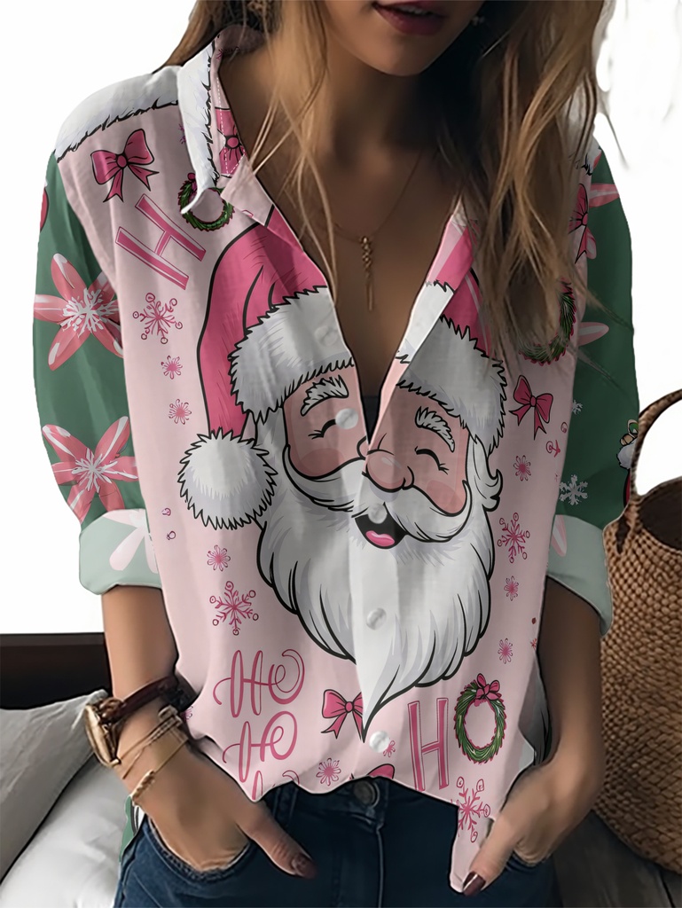 Camisa de Mujer con Cuello Rosa y Estampado de Santa Claus Navideño - Blusa de Manga Larga con Botones, Top de Poliéster Lavable a Máquina para Atuendo de Fiesta de Navidad y Ropa Casual de Invierno