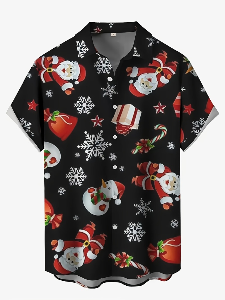 Camisa de manga corta para hombre, 100% algodón, con estampado 3D de Papá Noel y renos, cuello de solapa y bolsillo en el pecho - Blusa casual con botones para todas las estaciones, ideal para fiestas navideñas