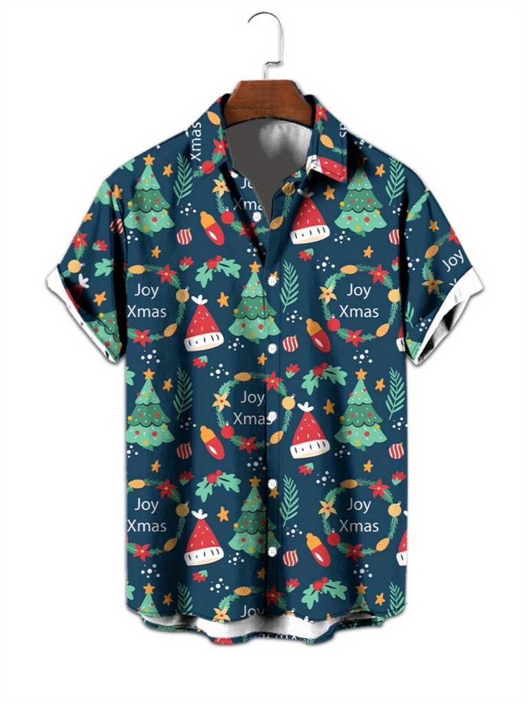 Camisa de Manga Corta para Hombre Navideña - Estampado Festivo en Azul Oscuro con Santa, Reno y Muñecos de Nieve & Frases (ALÉGRIA, NOËL) – Cuello Abotonable Casual Para Verano o Fiestas Playa, Regalo Lavable a Manera Ideal