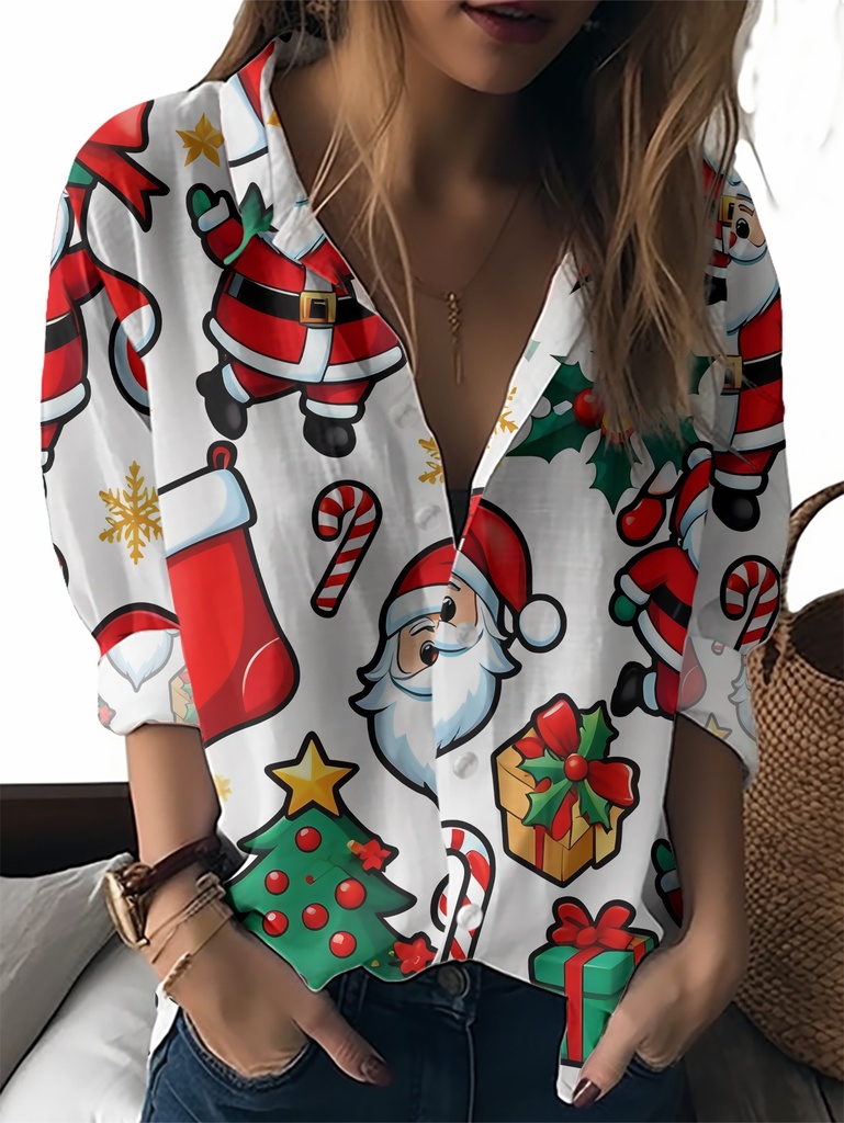 Blusa de manga larga para mujer, camisa festiva con estampado de Santa en colores rojo y verde, cuello con botones, ideal para Navidad, Año Nuevo, eventos formales o diarios, tela opaca, fácil cuidado, material duradero, ajuste cómodo, moda de temporada
