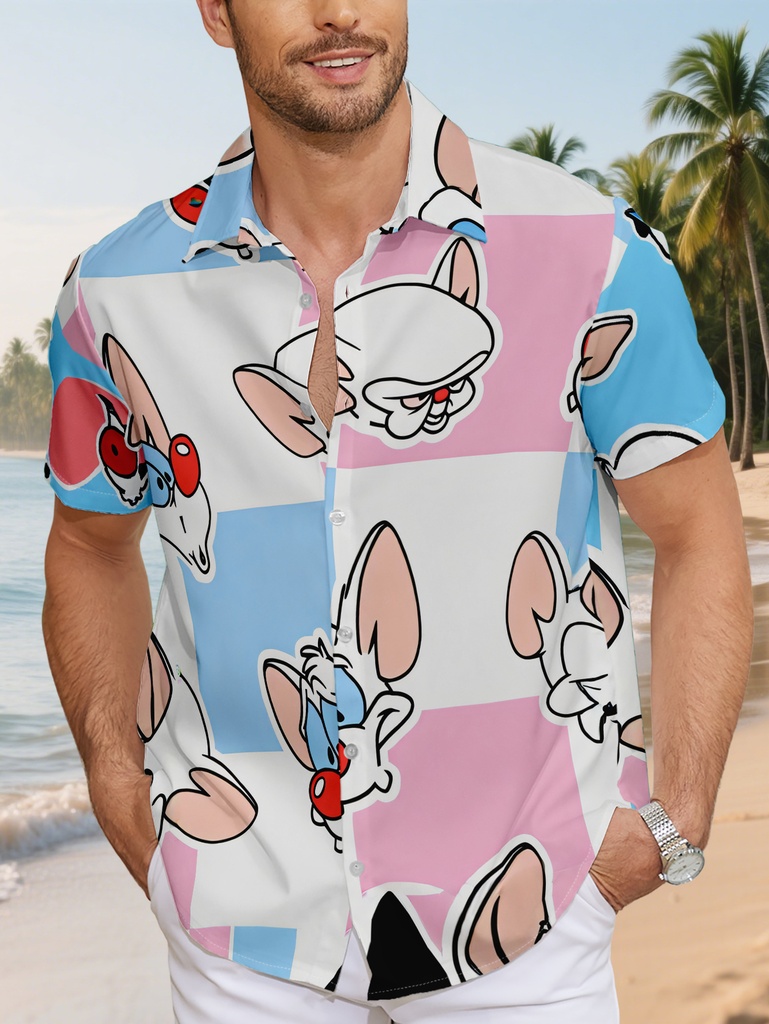 Camisa Hawaiana para Hombre con Estampado de Cabeza de Ratón y Cuello - Manga Corta con Botones para Vacaciones de Verano en la Playa, Blusa Casual a Cuadros Azul/Rosa/Blanco (Lavable a Máquina)