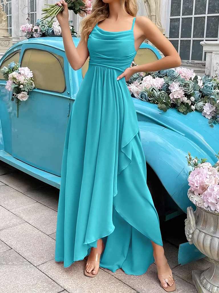 Vestido de noche elegante turquesa para mujer, corte princesa largo con cuello barco y dobladillo asimétrico, detalles arrugados y textura suave, lavable a máquina, vestido formal para bodas, galas y ocasiones especiales, vestido de fiesta y para dama de honor, silueta a-line con cuerpo estructurado y caída fluida, ideal para eventos formales y como vestido de invitada a boda