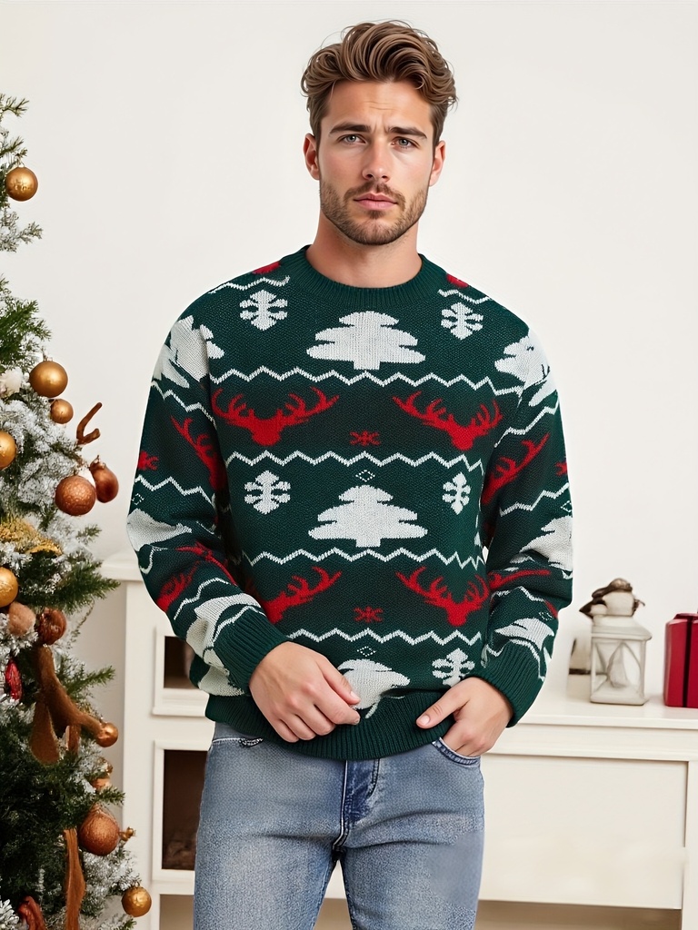 Suéter Navideño para Hombre - Chaleco Tipo Suéter - Suéter de Punto Suave y Cálido de Ajuste Holgado con Patrones de Copos de Nieve y Árboles en Rojo/Verde/Blanco/Dorado para Fiestas Navideñas, Eventos de Invierno - Reemplazo Versátil de Blazer con Cuello Redondo (Sin Chaqueta)