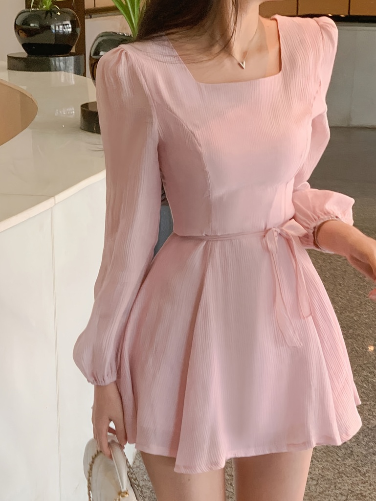Vestido mini rosa suave para mujer - Cinturilla elegante, dobladillo acampanado, tejido opaco para oficina, fiesta y uso diario - Conjuntos de primavera/otoño/verano
