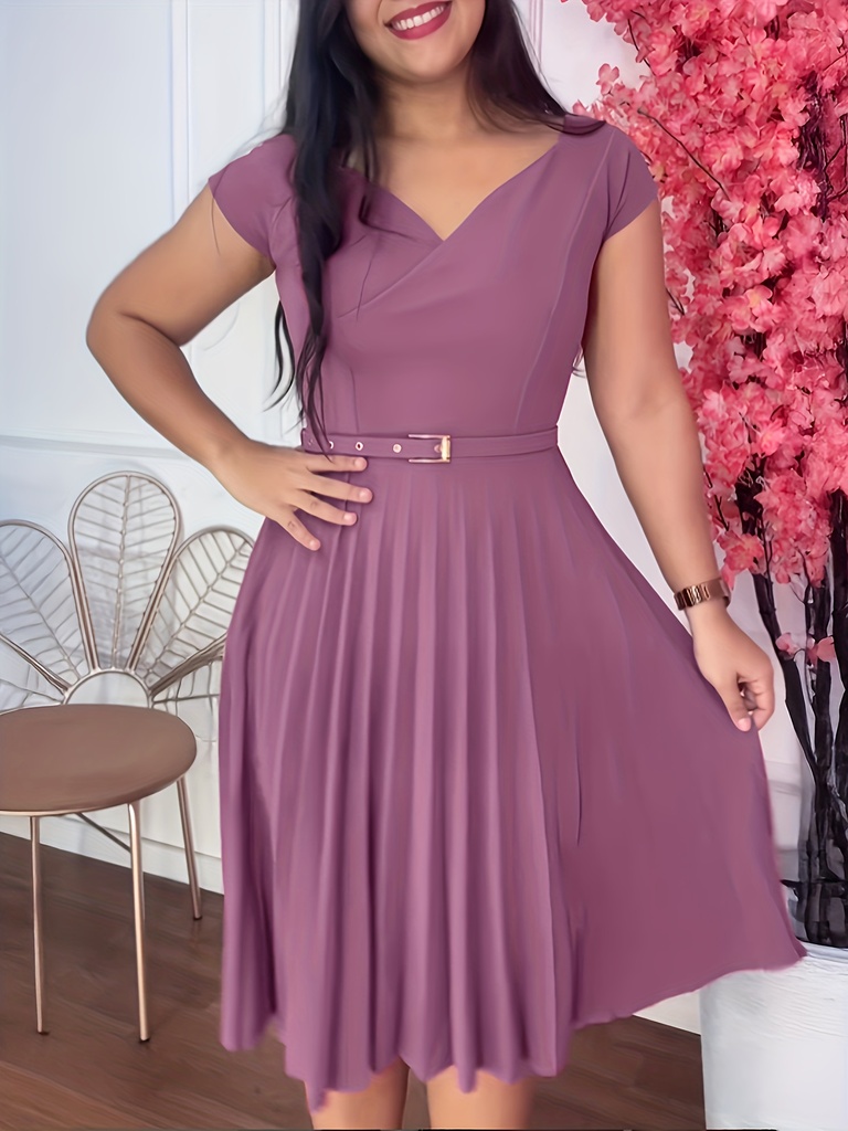 Vestido de verano con cuello en V para mujer, con cinturón ajustable, parte superior ajustada y falda suelta, diseño plisado de color sólido, mangas cortas, atuendo casual a semi-formal para brunch, oficina o fiestas, ropa de fiesta, tejido suelto, atuendo de brunch, material ligero, ropa para adultos.