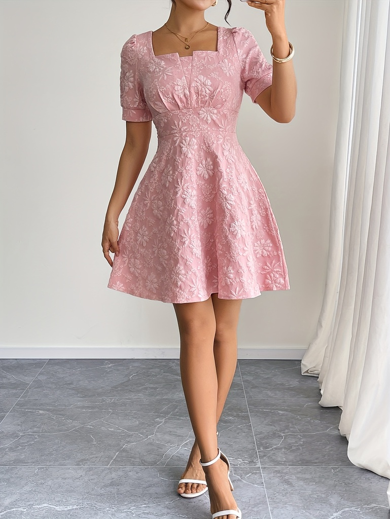 Vestido elegante de flores rosas para mujer - Cuello cuadrado, mangas cortas con volantes, cintura ceñida, ligero y fresco para el verano, con patrones florales intrincados, perfecto para ocasiones informales o formales, vestido floral.