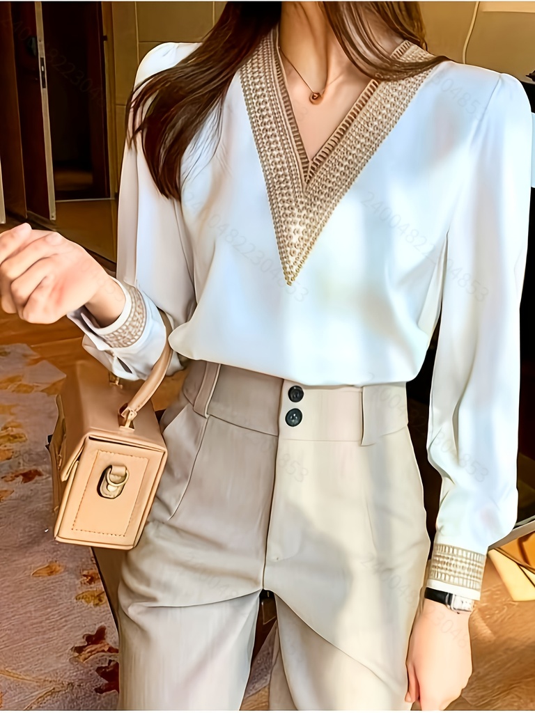 Blusa Elegante de Manga Larga Blanca para Mujer con Detalle Bordado - Camisa Casual Chic con Botones, Top Versátil para Todas las Estaciones, Ideal para Vestir Casual, Blusas de Señora, Blusa Blanca para Mujer, Blusa Formal para Mujer, Blusa de Oficina para Mujer, Blusa Elegante para Mujer, Blusa de Otoño para Mujer, Blusa Hermosa/Elegante para Mujer, Blusa de Manga Abullonada, Blusa de Encaje, Tops para Mujer