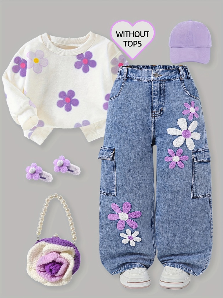 Jeans rectos con adornos para niñas con bolsillo grande - Para uso en todas las estaciones, lavables a máquina, pantalones de corte regular para niñas pequeñas (3+ años) - Ropa casual urbana y atuendos para Navidad/Halloween