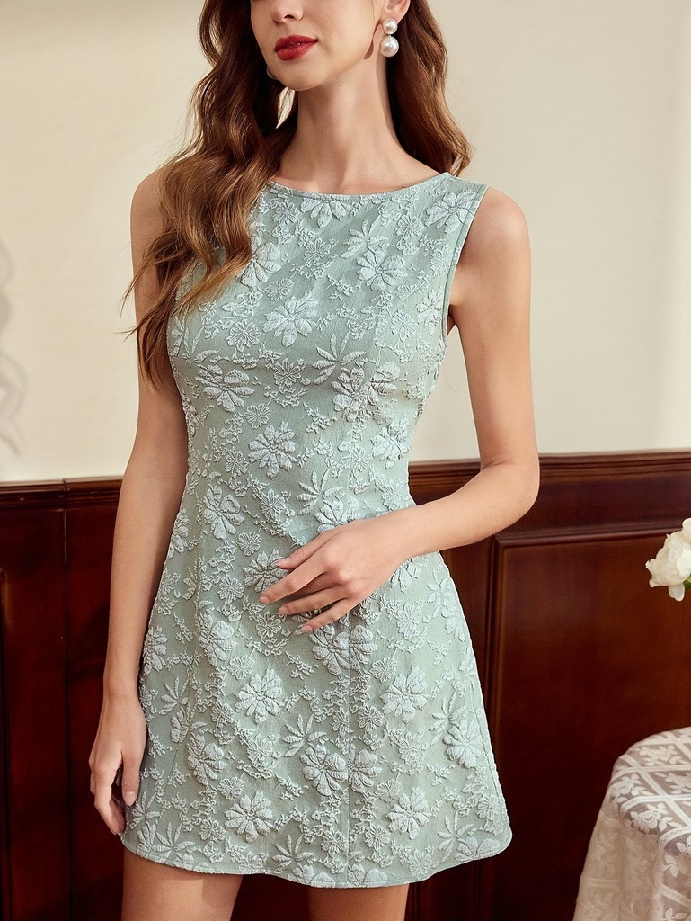 Vestido Mini Elegante Retro Sin Mangas para Mujer - Jacquard Verde Menta con Estampado de Hojas Botánicas, Cuello Redondo y Cierre Trasero con Cremallera, Lavable a Máquina, Ideal para Vacaciones o Fiestas de Cumpleaños, Diseño Sofisticado y Ajuste Flare, Ropa Casual Elegante